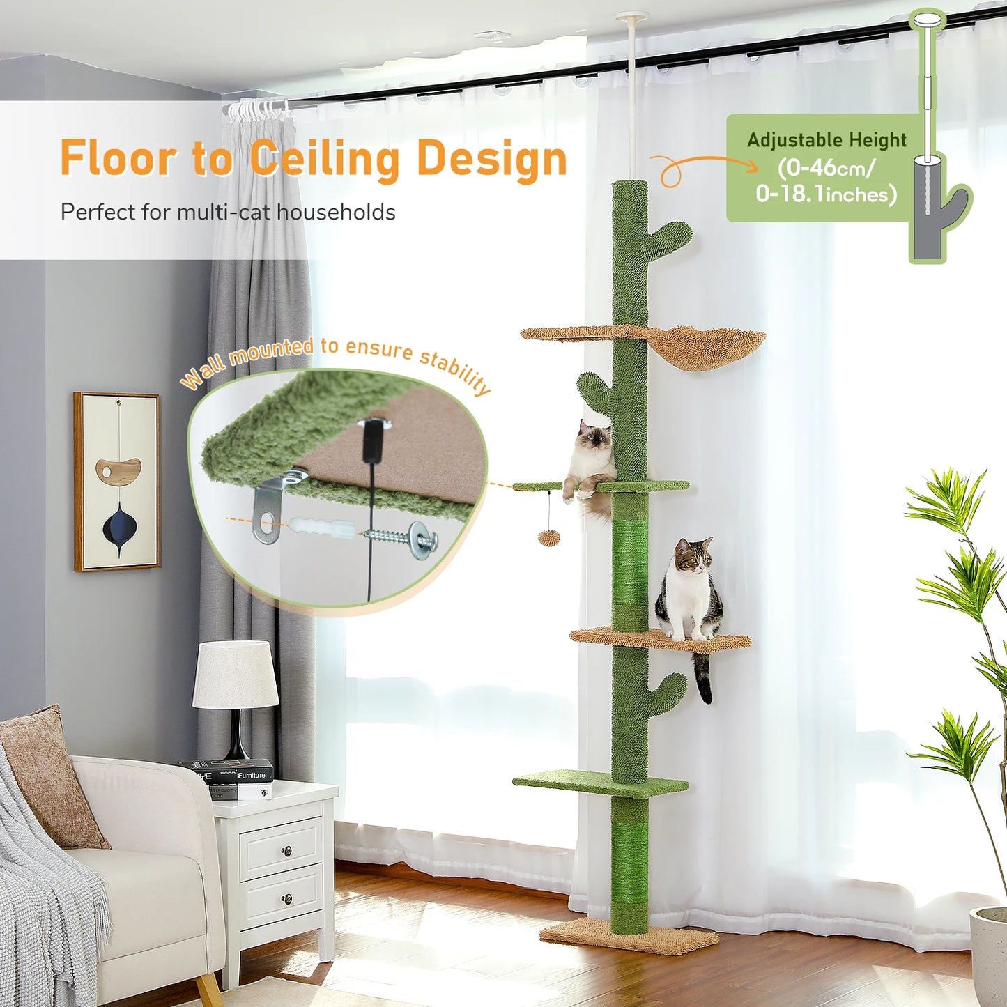 5-Tier Floor to Ceiling Cat Tree Tower Cactus Tall Climbing Tree with Scratching Post Hammock Dangling Ball for Indoor Cats