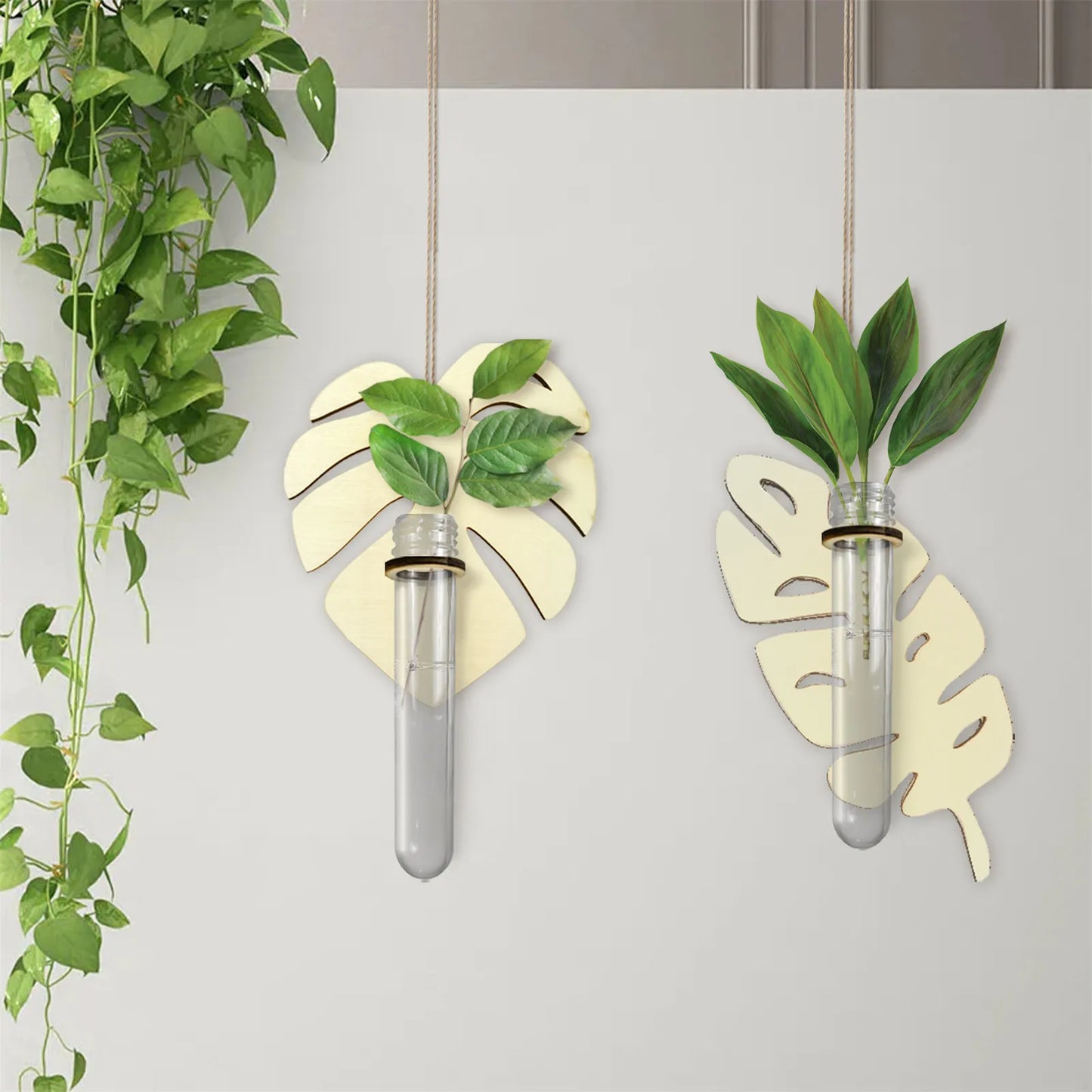 Plant Propagation Station Wall Mounted Leaf Shaped Vase Tubes Stations For Hydroponic Plants Wooden Planter Stand With 3 Test