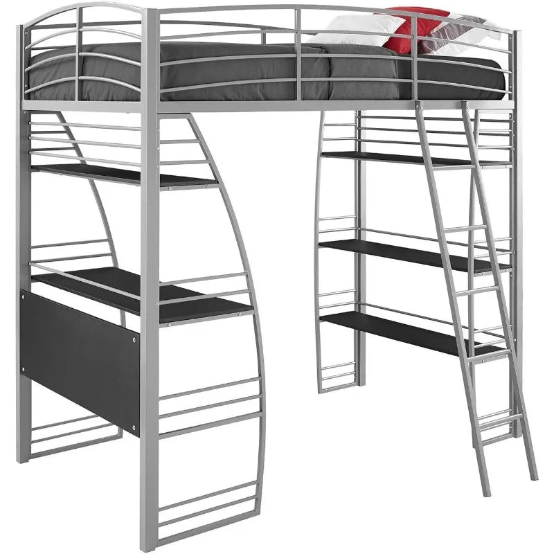 Studio Loft Bunk Bed Over Desk and Bookcase with Metal Frame - Twin (Gray)