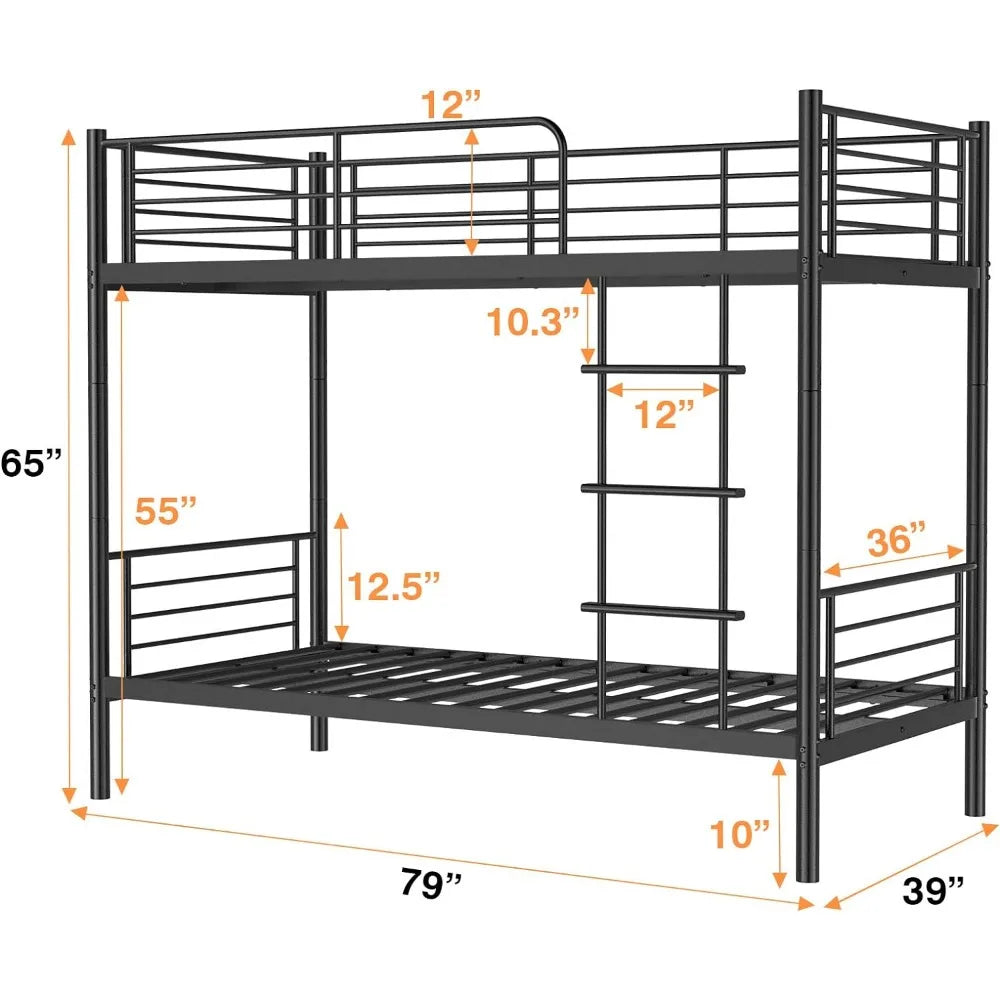 Metal Bunk Bed Twin Over Twin with Ladder, Heavy Duty Sturdy 2 in 1 Convertible Bunk Bed with Safety Guard Rails