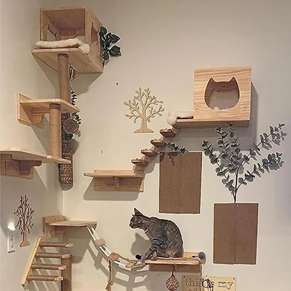 Cat Wall Climbing Shelves Wall Mounted Hammock Cat Scratching Post Wooden Stairway Shelves with Sisal Rope Ladder Wall Cat Tree