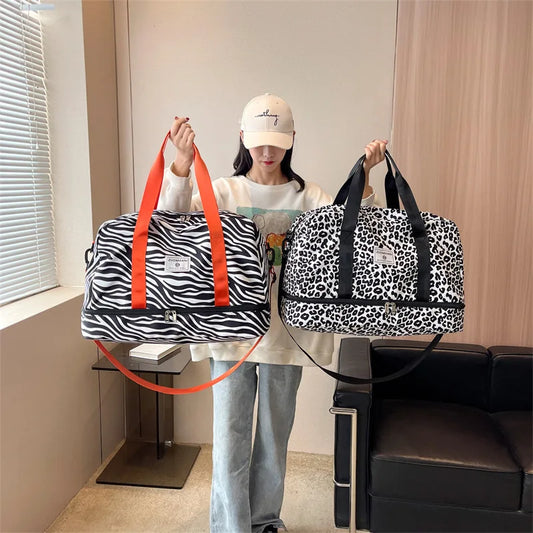 Travel Bag Women's Handbag Leopard Zebra Print Waterproof Large Pull Rod Boarding Fitness Dry and Wet Separation Luggage Bag New