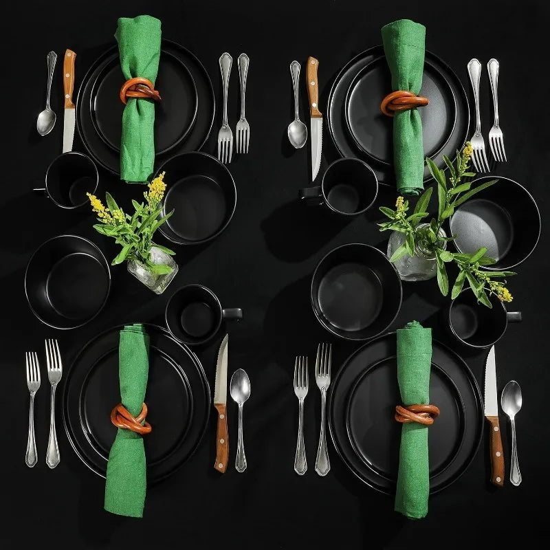 32 Piece Matte Black Stoneware Dinnerware Plates, Bowls, and Mugs Set - Service for 8