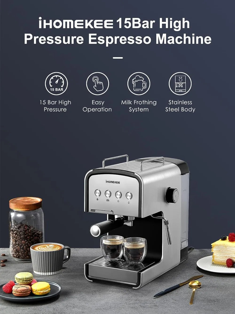 Ihomekee Espresso Machine 15 Bar, Coffee Maker for Cappuccino and Latte Maker with Milk Frother Steam Wand Coffee Machine