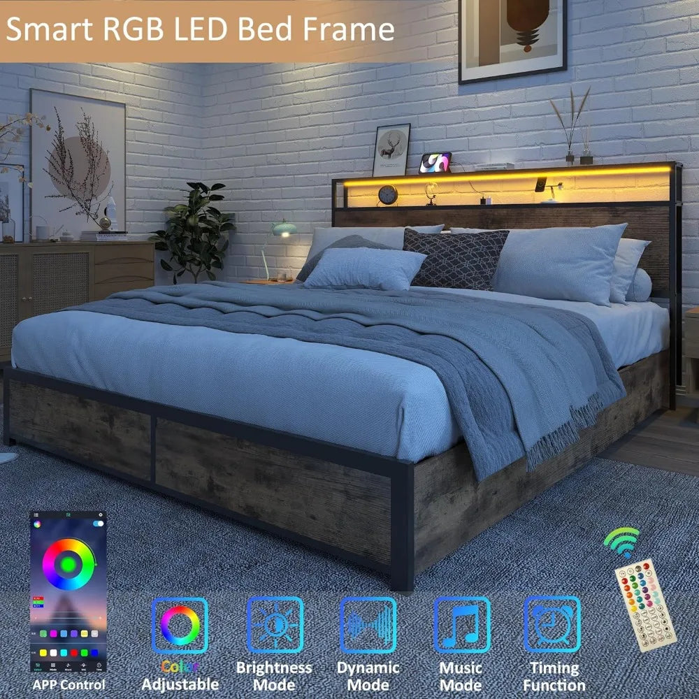 Bedstead Headboard with 2 Layers of Storage, Metal Platform Bed Frame with 4 Storage Drawers, Built-in Charging Station and LED