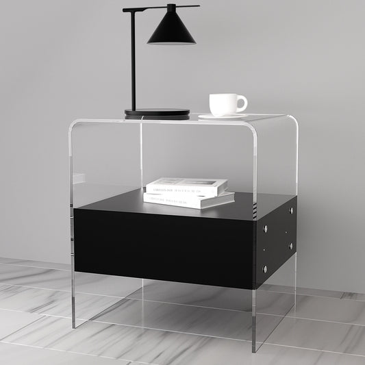 Acrylic End Table Clear Side Table with Black Drawer 2 Tiers U-Shape Nightstand Bedside Table for Small Spaces Bedroom Decor