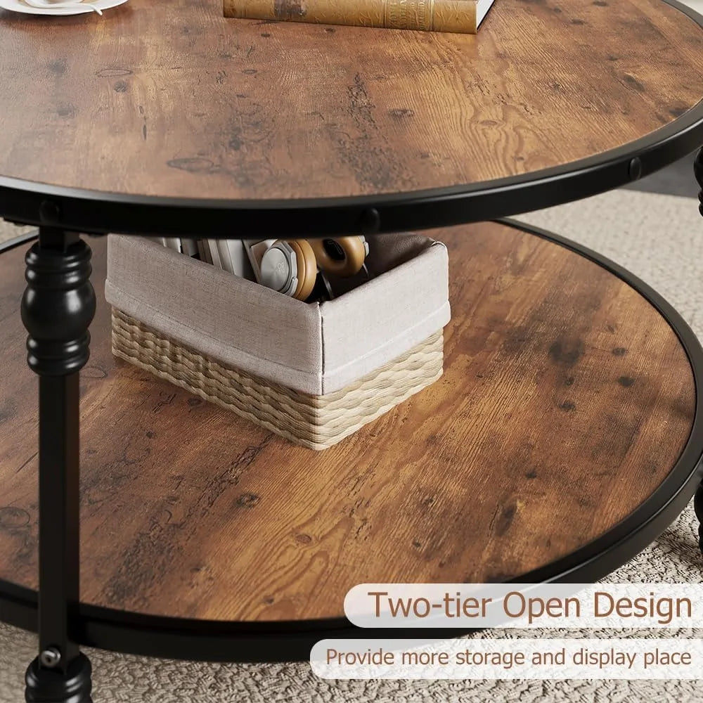 Round Coffee Table Living Room 34.25in Rustic Circle Center Table With Storage Shelf 2-Tier Modern Wood Coffee Table Side Home