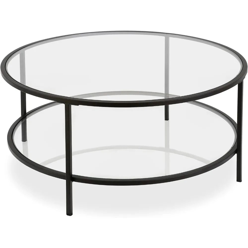 Henn&Hart 36" Wide Round Coffee Table with Glass Top in Blackened Bronze, Modern coffee tables for living room, studio