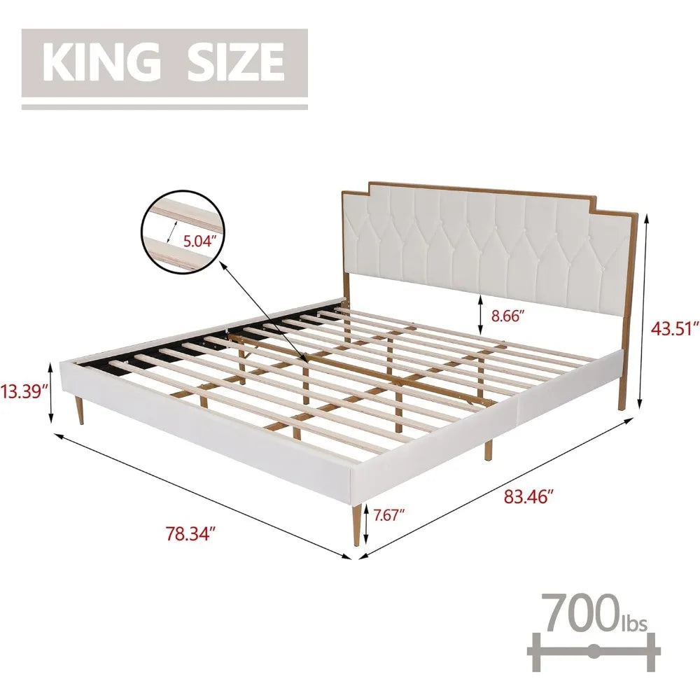 Upholstered Platform King Size Bed Frame with Headboard Premium Stable Wood Slat Support No Box Spring Required Cream Bedroom