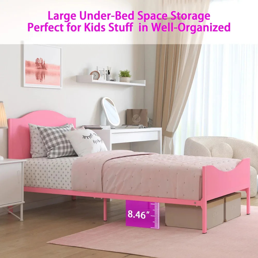 Kids Twin Metal Platform Bed Frame with Wood Headboard for Girls, Toddler, Kids, and Teens, Pink Finish，Best Gift for Kids