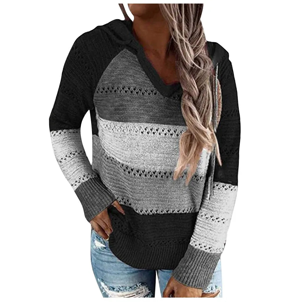 Plus Size 5XL Autumn Winter Women's Pullover Fashion Patchwork Long Sleeve Knit Sweater Tops Women Crochet Hollow Hooded Sweater