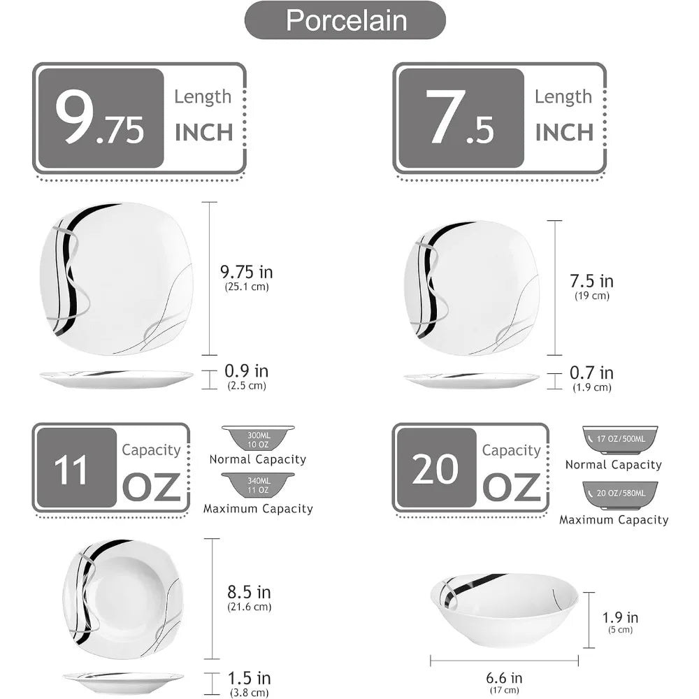 24-Piece White Dinnerware Sets for 6, Porcelain Plates and Bowls Sets including Bowls, Dinner Plates, Soup Plates, Dessert Plate