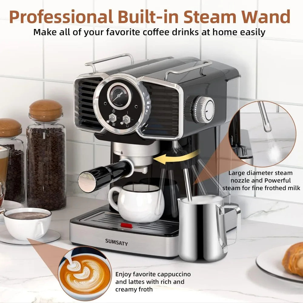 Espresso Coffee Machine 20 Bar, Retro Espresso Maker with Milk Frother Steamer Wand for Cappuccino, Latte, Macchiato,