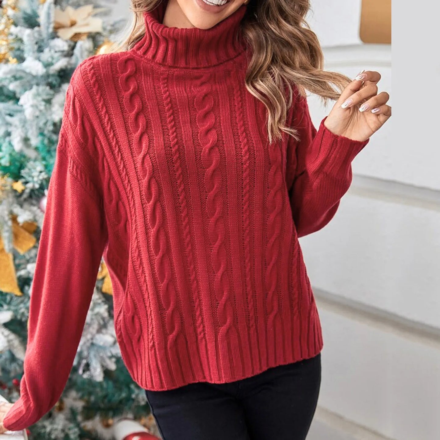 Christmas Autumn Winter Women Turtleneck Sweater Loose Short Elegant Warm Knitted Pullovers Fashion Solid Red Knitwear Jumper