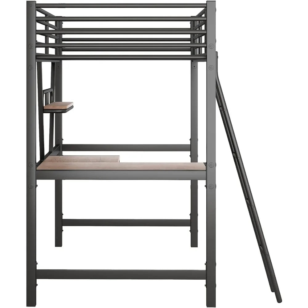 Bed frame with table and frame, steel bed frame, ladder and safety railing, noise free, no need for spring box, double metal bed