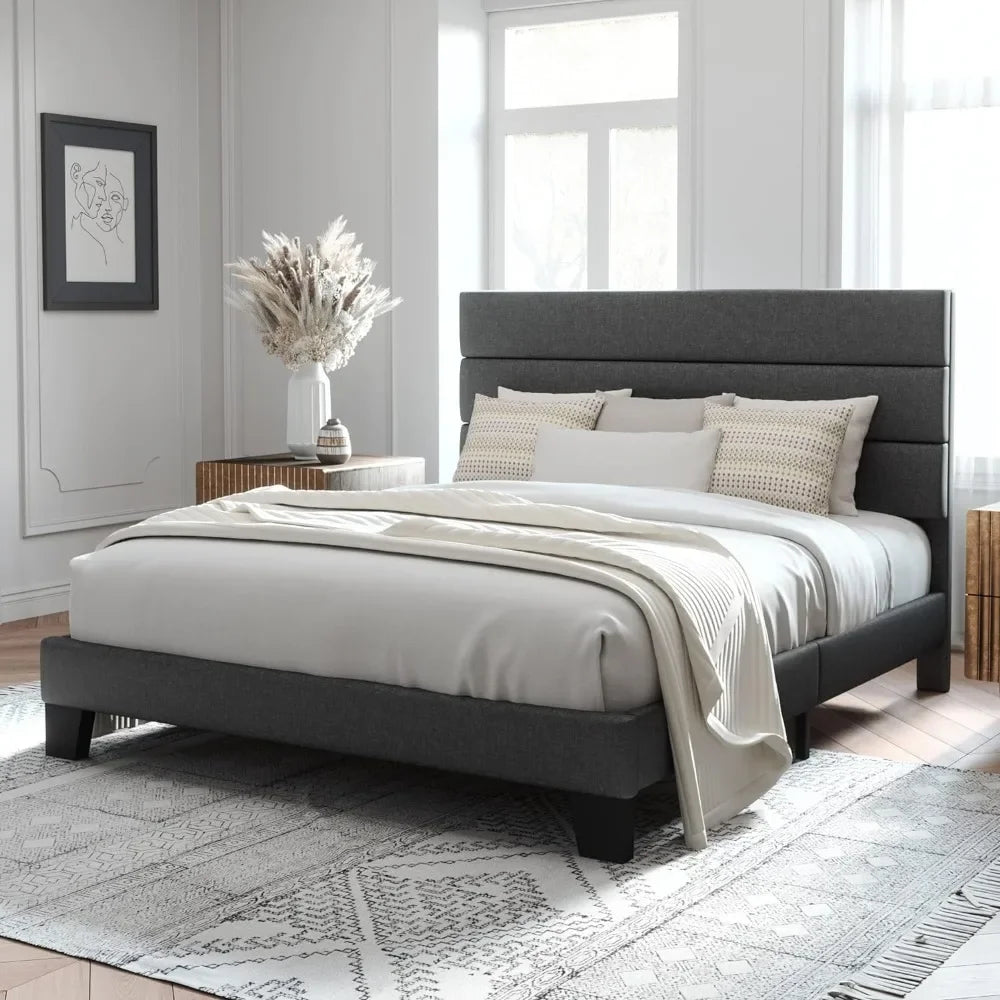 Queen Size Platform Bed Platform Bed Frame With Fabric Upholstered Headboard and Wooden Slats Support Bedroom Furniture King