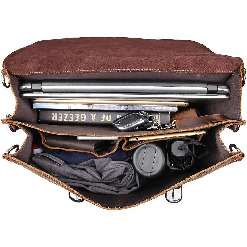 Grain Leather 16'' Briefcase Shoulder Messenger Bag For Men Fit 15.6'' Laptop