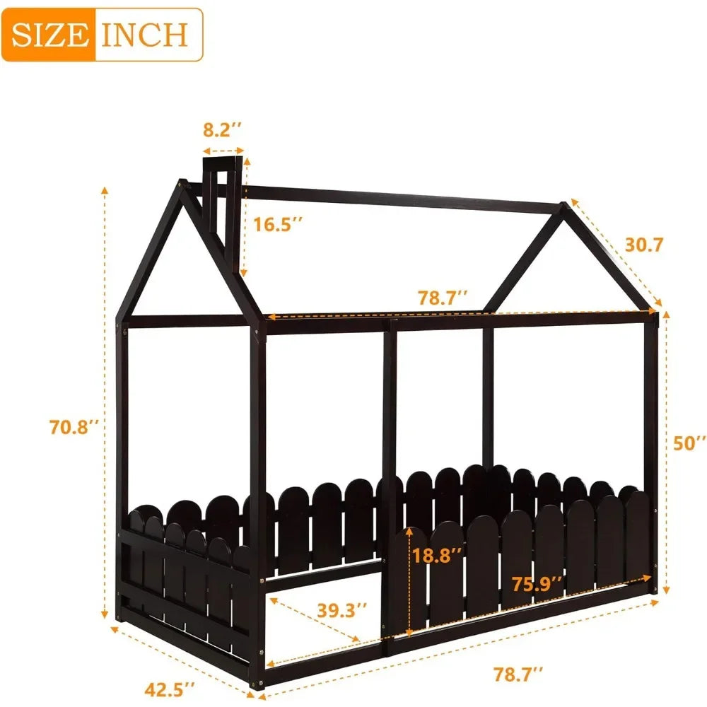 Kids Twin Size Family Bed Frame Platform Bed with Fence for Boy or Girl with Spring Box Required