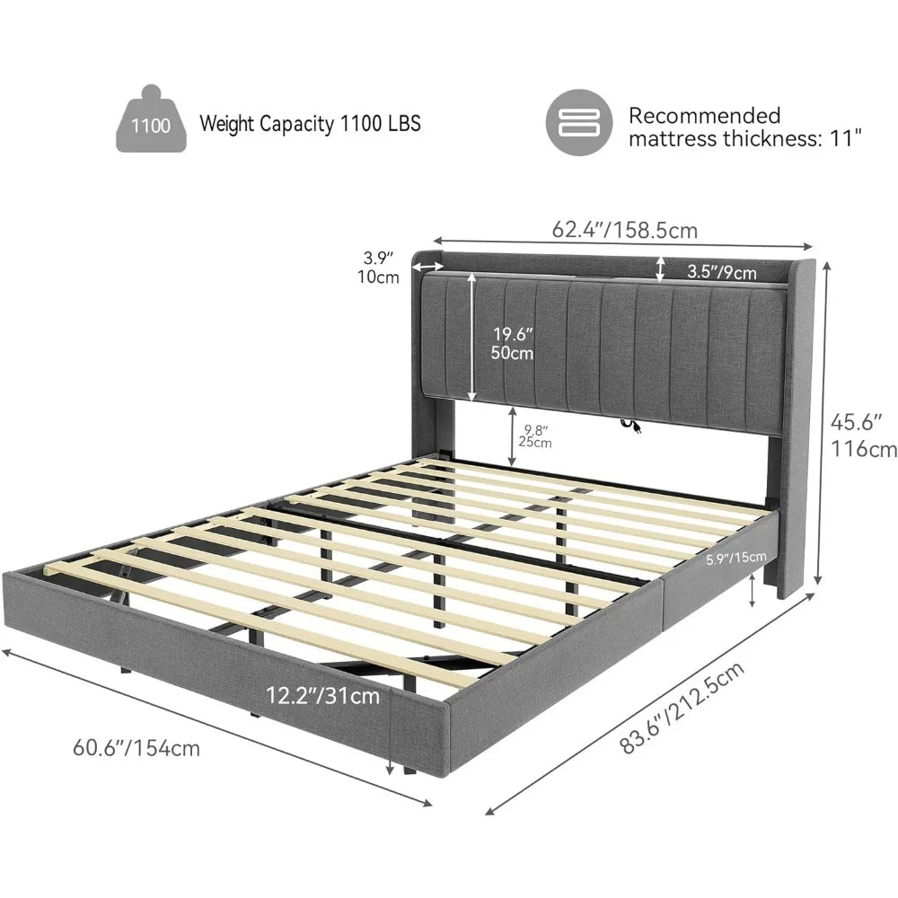 Queen bed frame,floating bed frame with padded headboard and wing back,LED platform bed frame with built-in Type-C and USB ports