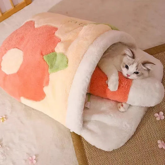 Japanese Sakura Warm Cat Bed Cat Sleeping Bag Deep Sleep Winter Dog House Cats Nest Cushion With Pillow Removable Pet Products