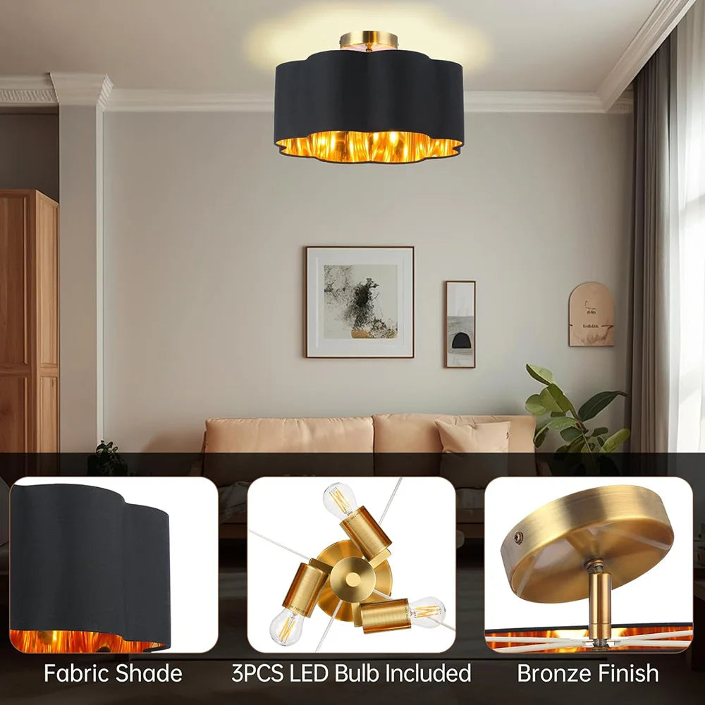 E27 Petal 3 Light Semi Recessed Ceiling Lamp Fabric Lamp Shade for Kids Room Bedroom Kitchen Hallway Entrance With Light Bulb