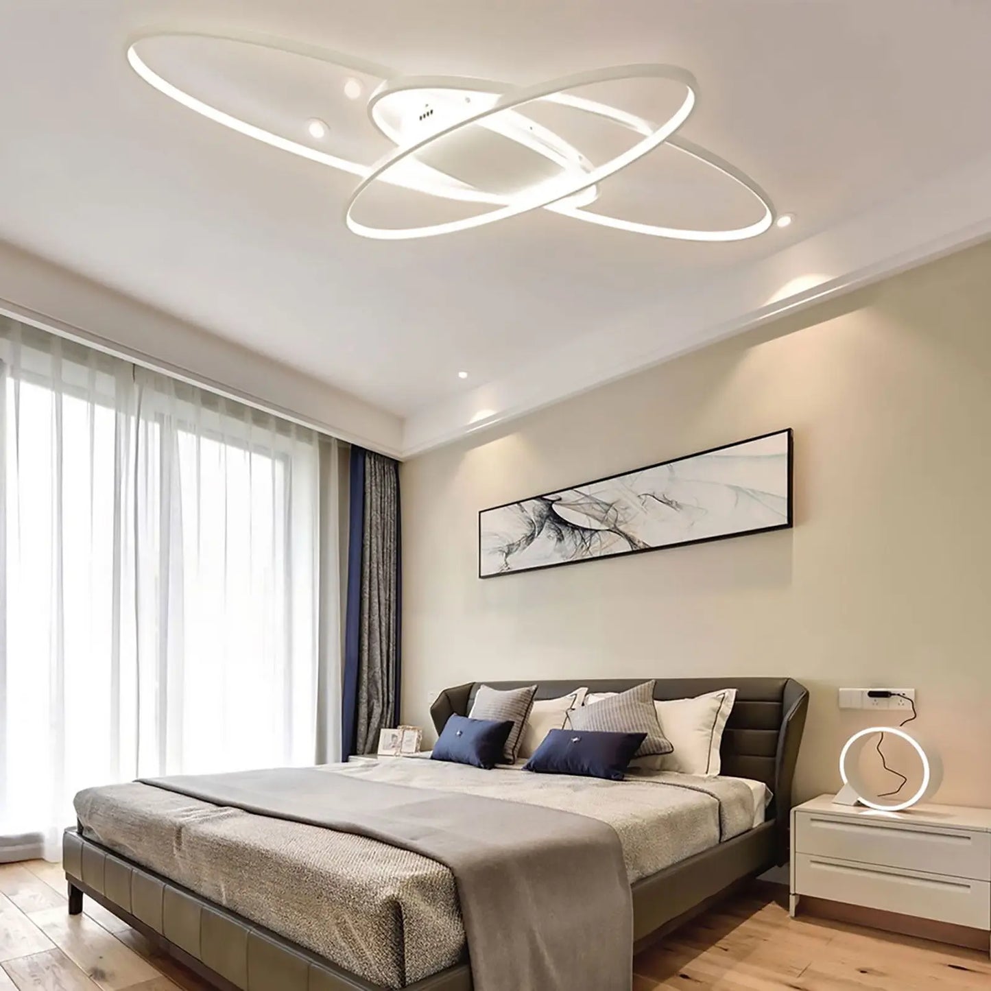 Modern Black/White 3 Staggered Long Ellipses LED Ceiling Light with Remote Control for Dining Room Bedroom