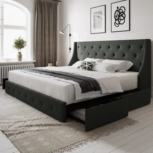 Queen-size bed frame with 4 storage drawers and wing-back headboard, button-tufted design, no need for a box spring