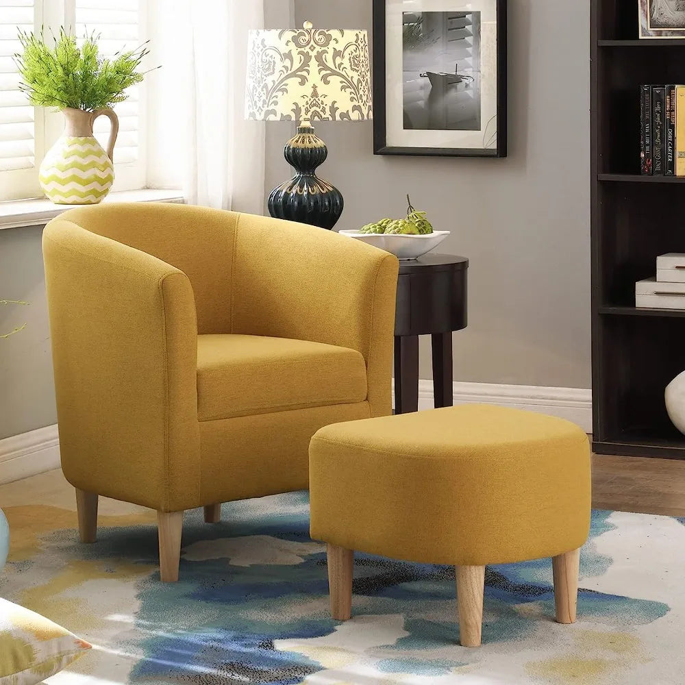 Modern Accent Chair, Upholstered Arm Chair Linen Fabric Single Sofa Chair with Ottoman Foot Rest Mustard Yellow Comfy Armchair