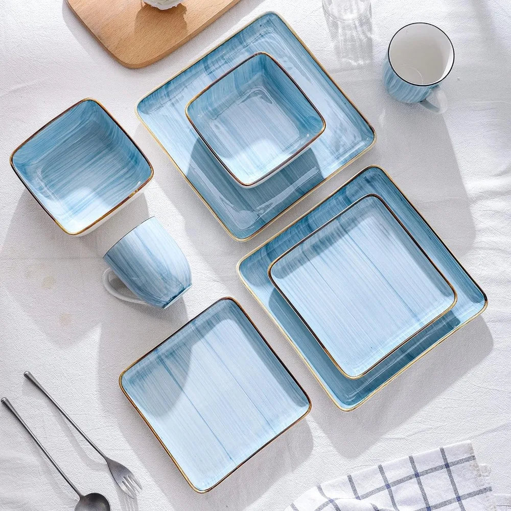 Kitchen Dishes 32 Pieces Square Light Blue Brushed Design Dish Service for 8 Dinner Plates Set Food Plate Complete Tableware Bar