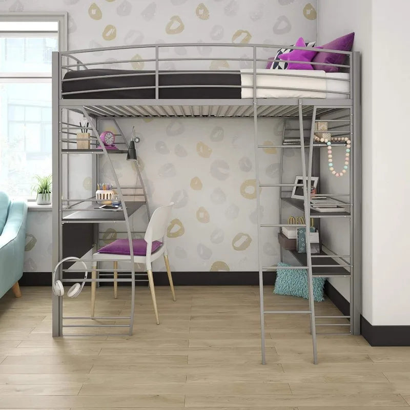 Studio Loft Bunk Bed Over Desk and Bookcase with Metal Frame - Twin (Gray)