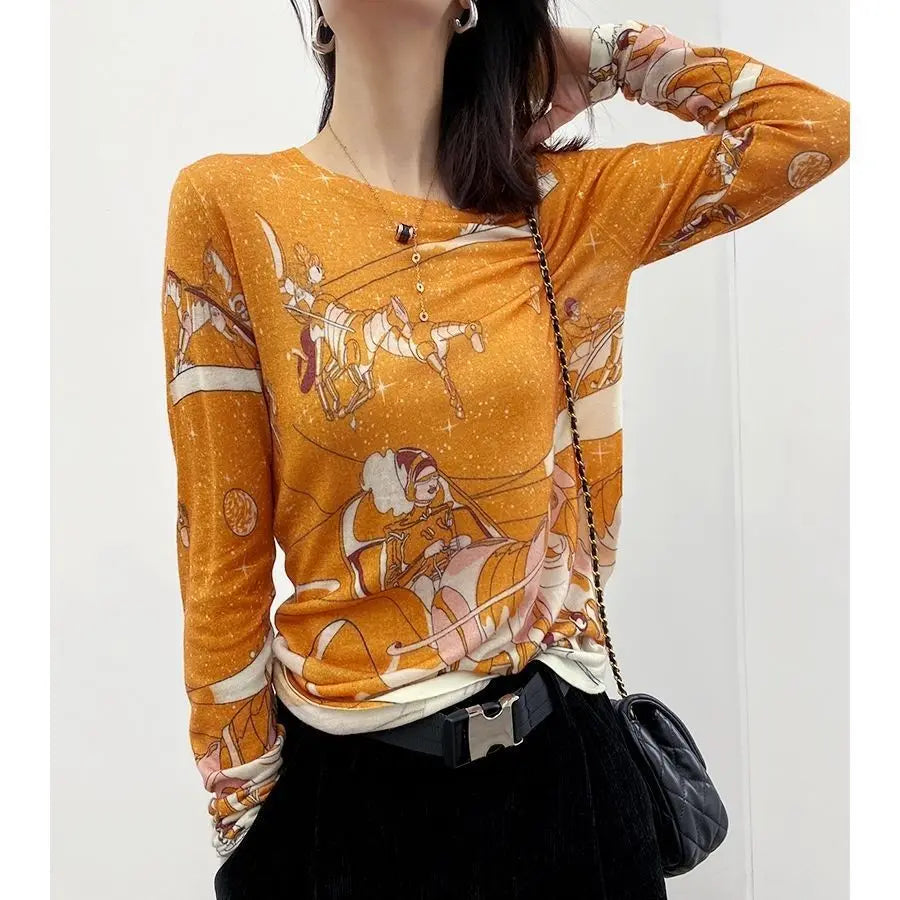 Spring Summer Long Sleeve Pure Cotton Round Neck Vintage Pattern Printing New Popular Women's Clothing Straight T-Shirts Thin