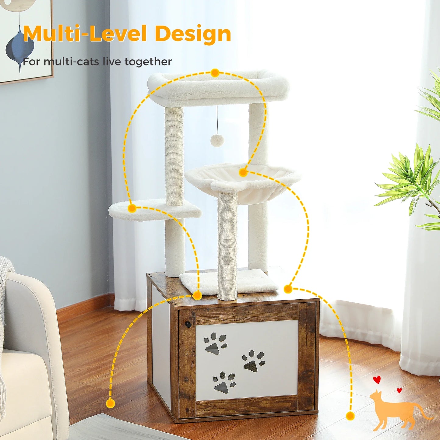 Large Cat Tree with Litter Box Enclosure, 117cm Rustic Brown, Spacious Perches & Hammock, Sturdy Structure, Multifunctional