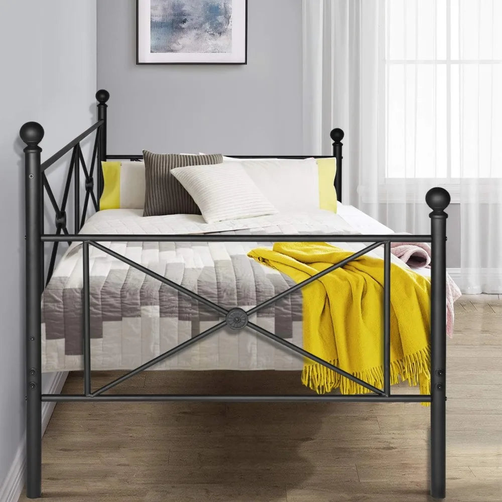 Twin Daybed with Headboard, Heavy-Duty Metal Slats Support, Sofa Bed Platform Mattress Foundation for Living Room, Guest Room