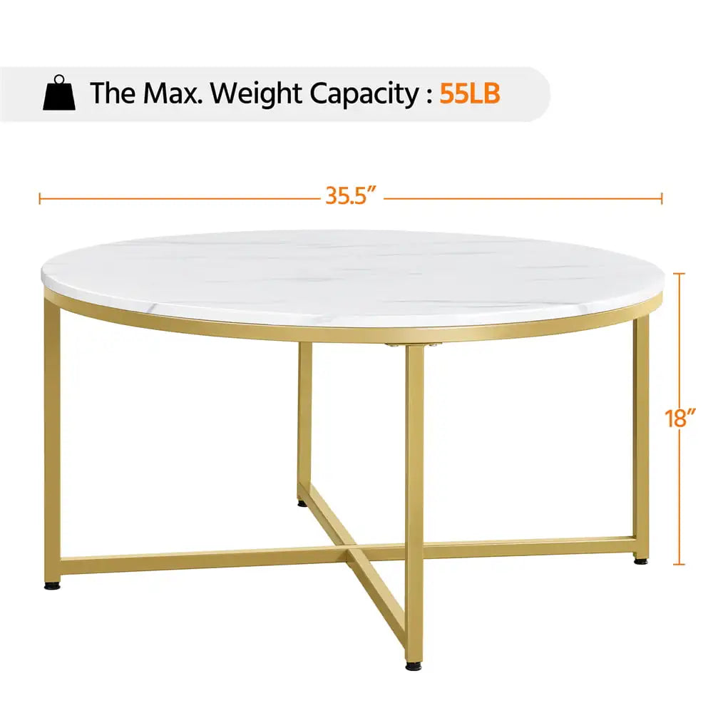 Modern Round Faux Marble Coffee Table, Gold  Accent Side End Table for Living Room   Furniture