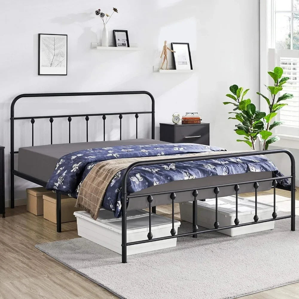 Bed Frame Metal Platform Mattress Foundation with Victorian Iron-Art Headboard/Footboard Bed Storage Queen Size Black BedFrame