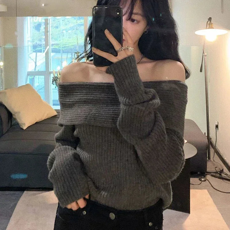 Sweater Women Sexy Off Shoulder Long Sleeve Pullovers Female Korean Fashion Knitwear Autumn Elegant Thicken Slim Jumpers Top