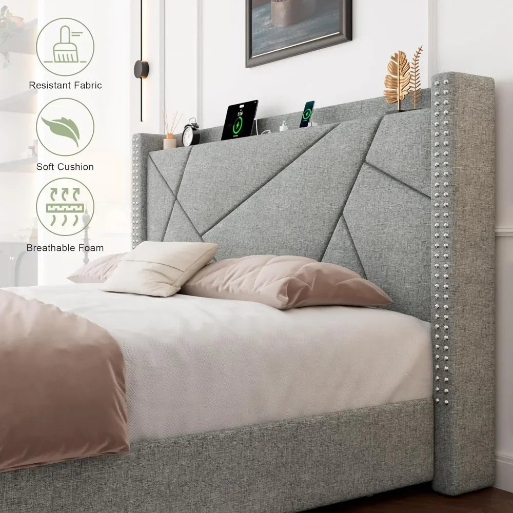 king size bed frame, with 4 storage drawers, Upholstered Platform Bed Frame, Solid wood slat support, No box spring required