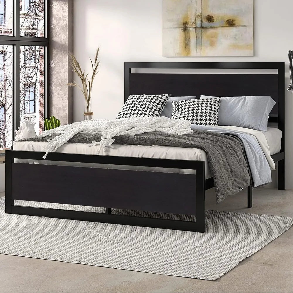 Queen Size Bed Frame with Modern Wooden Headboard/Heavy Duty Platform Metal Bed Frame with Square Frame Footboard & 13 Strong