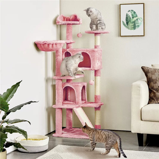 2023 SMILE MART 57''H Multilevel Cat Tree Condo Tower with 2 Condos & Fur Ball & Round Platform & Ladder, Pink