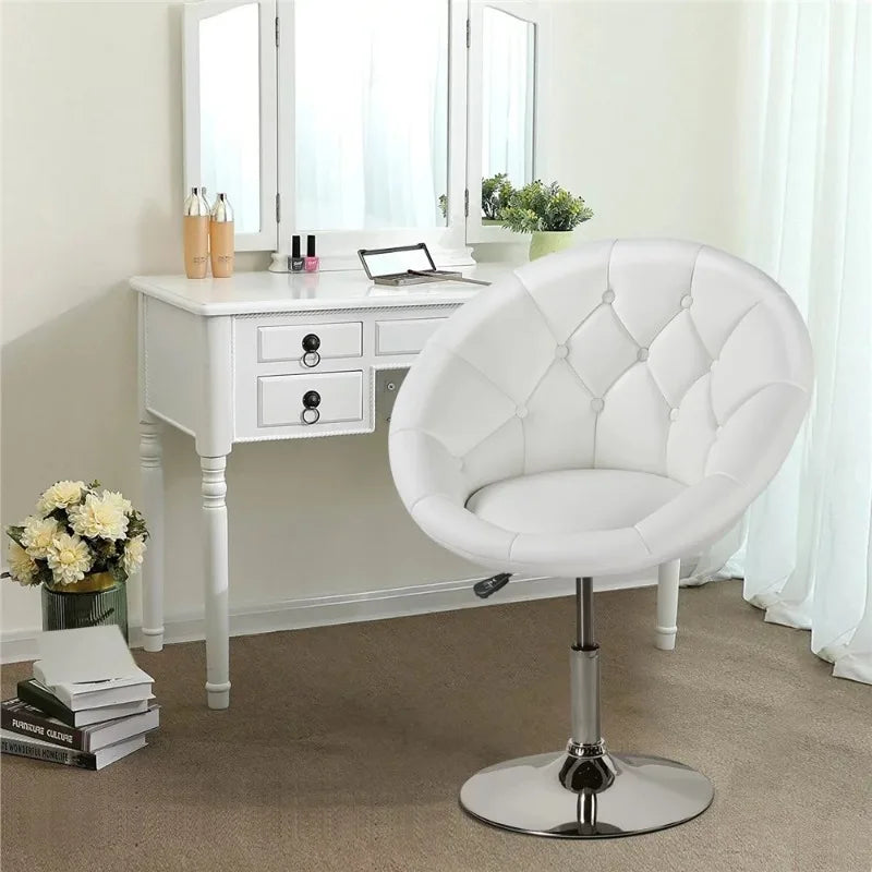 Modern Tufted Adjustable Barrel Swivel Accent Chair, White Faux Leather