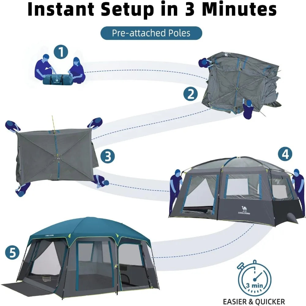 Camping Tents 10 Person Family Cabin Tent with 2 Doors and 4 Windows Large Multiple Room Tent with Floor Mats Tents