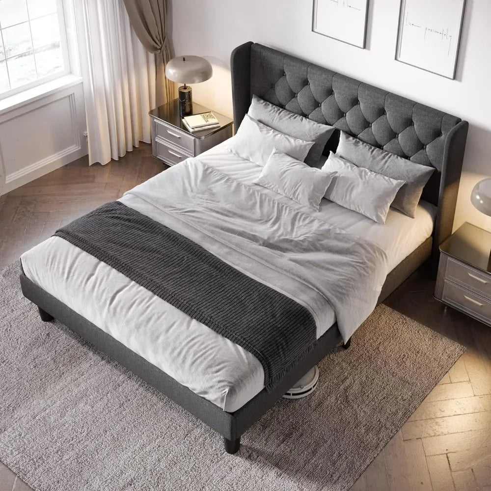 Full Size Bed Frame With Button Tufted Wingback Headboard Bed Bases & Frames Easy Assembly No Box Spring Needed Dark Grey Queen