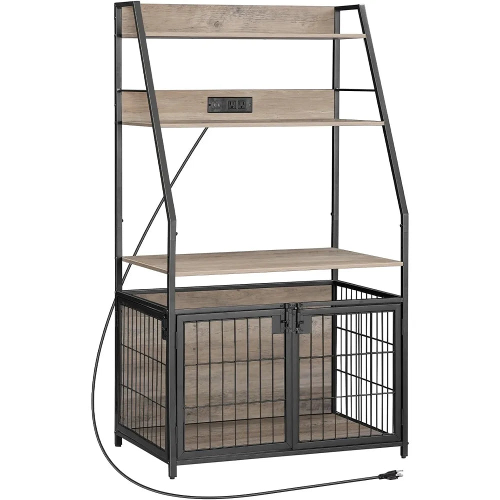 Dog kennel furniture with charging station, wooden kennel with adjustable storage shelves,indoor kennel with chewable metal mesh