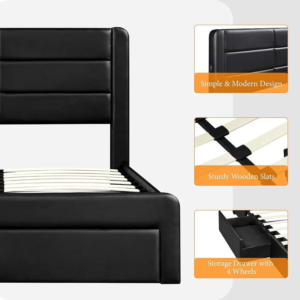 No Box Spring Needed Platform Bed Bases & Frames Leather Upholstered Headboard 3 Storage Drawers Bed Foundation Frame Black Home