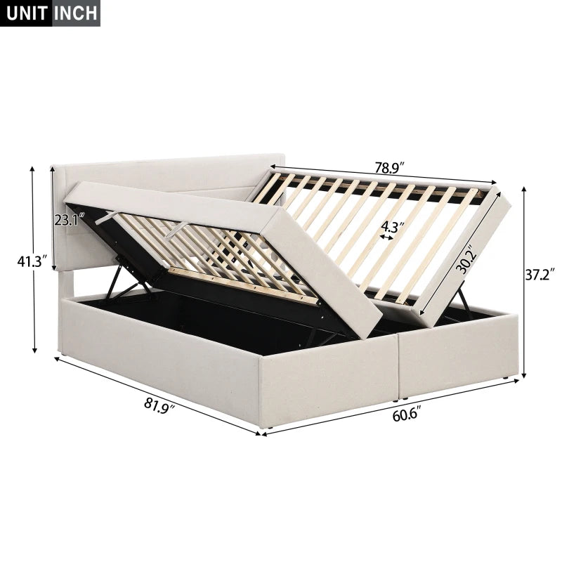 Beige Queen Size Upholstered Platform Bed with Storage Underneath, Easy to assemble for indoor bedroom furniture