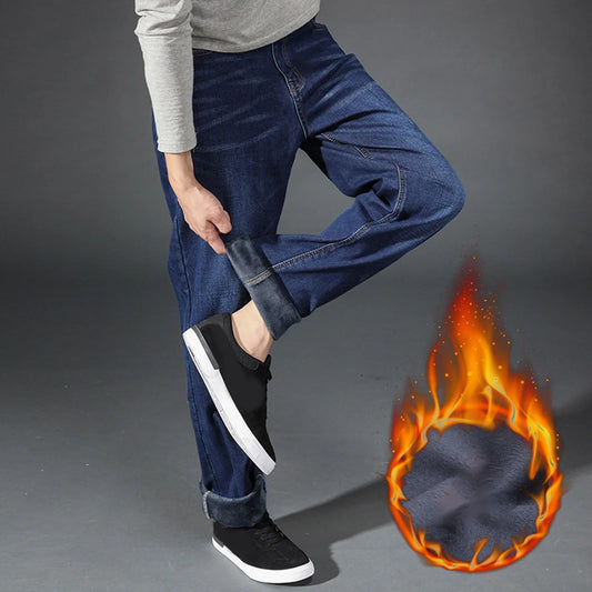 Male Thermal Denim Pants Straight Leg Plush Fleece Jeans For Man Teddy Lined Fleece Winter Warm Trousers Pocket Ropa Hombre