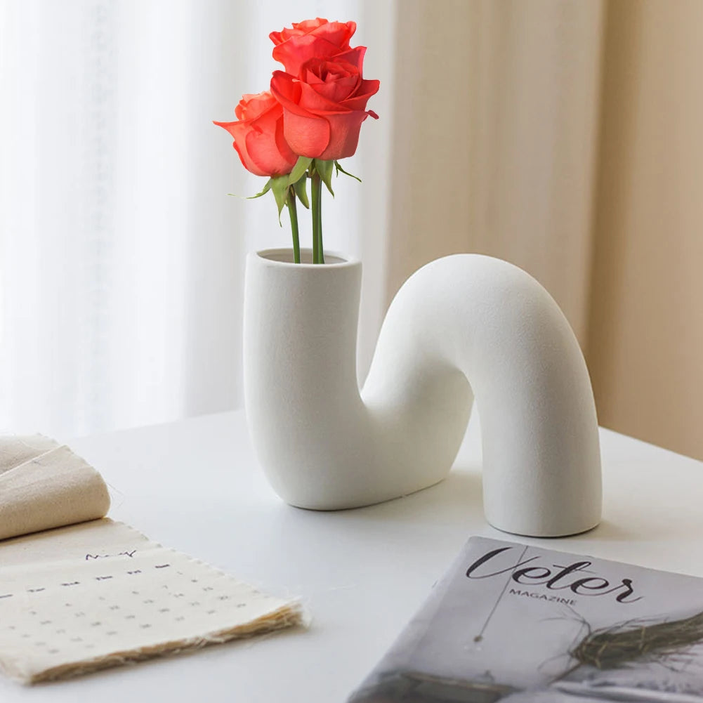 Ceramic Floral Vase Multipurpose Abstract Ceramic Vase Unique Pipe-shaped Ceramic Vase for Living Room/Wedding/Office/Decoration