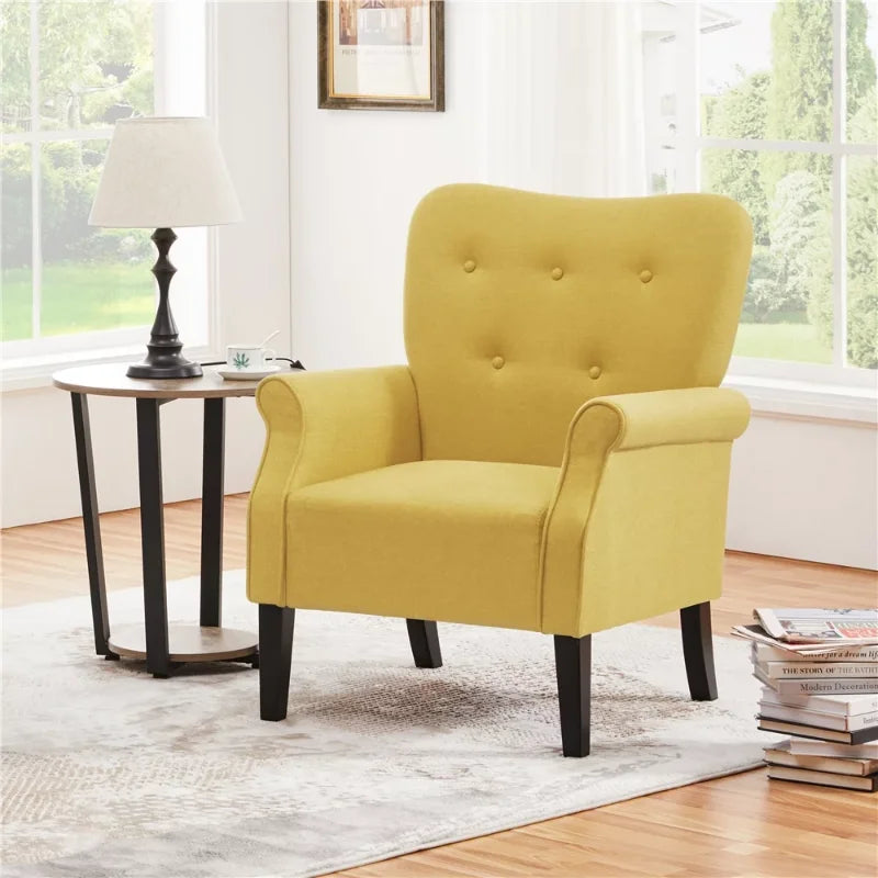 SMILE MART Mid-century Upholstered Fabric Accent Armchair for Living Room with Wooden Leg, Yellow egg chair