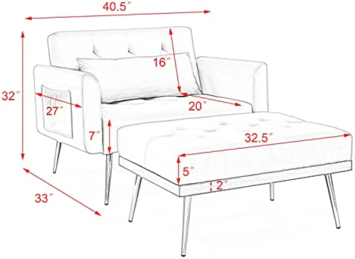 Recline Sofa Chair with Ottoman, Two Arm Pocket and Wood Frame for Dorms Apartments Studios Office, White desk and floor chair