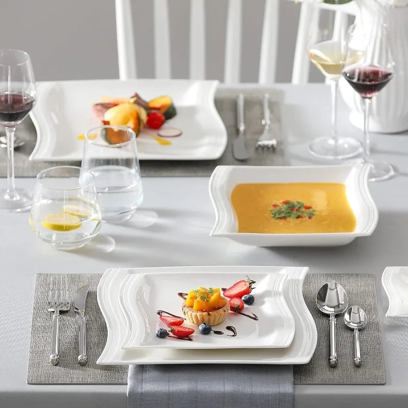 Porcelain Dinnerware Sets, Modern Square Dinner Set Plates and Bowls for Dessert, Salad and Pasta, Cup and Saucer Set